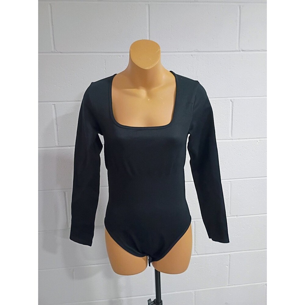 Women's Black Long Sleeve Bodysuit Square Neck Nylon Spandex Size L